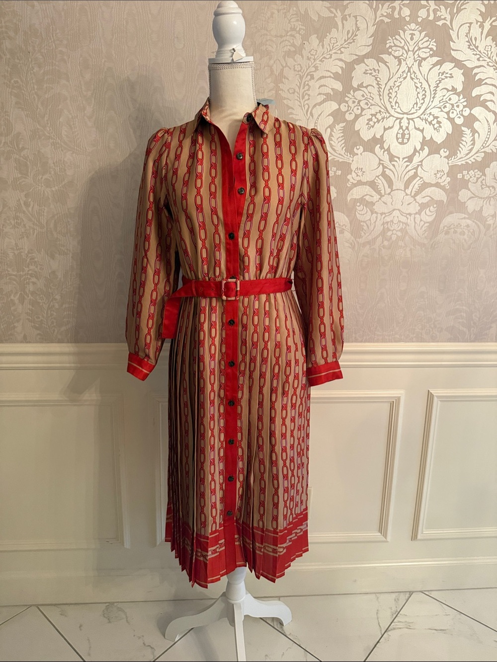 Ann Taylor Red and Beige Chain-Print Midi Shirtdress with Belt